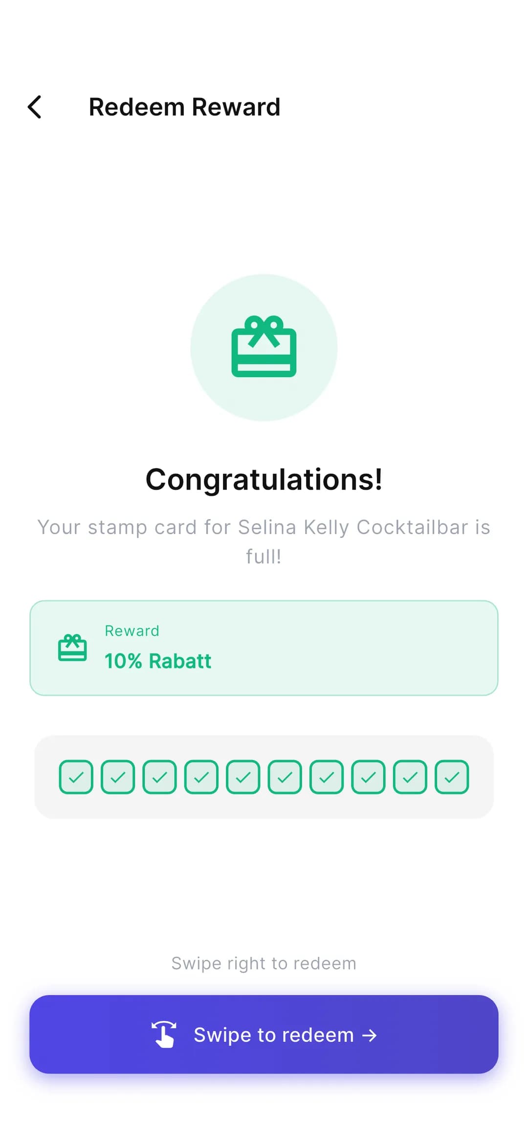 تطبيق Stempely: بطاقة ولاء ممتلئة مع زر «استبدال»