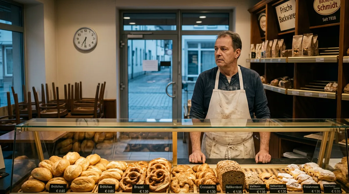 Leere Bäckerei-Theke am frühen Morgen — Sinnbild für ausbleibende Stammkunden