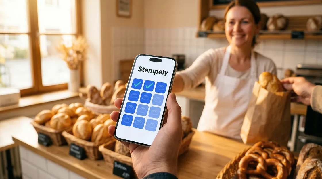 Bäckerin mit Stempely-App an der Brottheke, digitale Stempelkarte für Bäckerei und Backshop