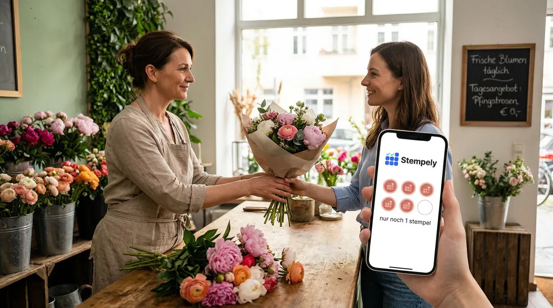 Floristin mit Stempely-App am Bindetisch, digitale Stempelkarte für Blumenladen und Floristik