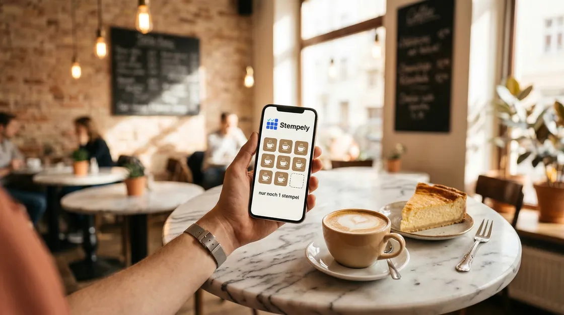 Barista mit Stempely-App an der Espressomaschine, digitale Stempelkarte für Café und Coffeeshop