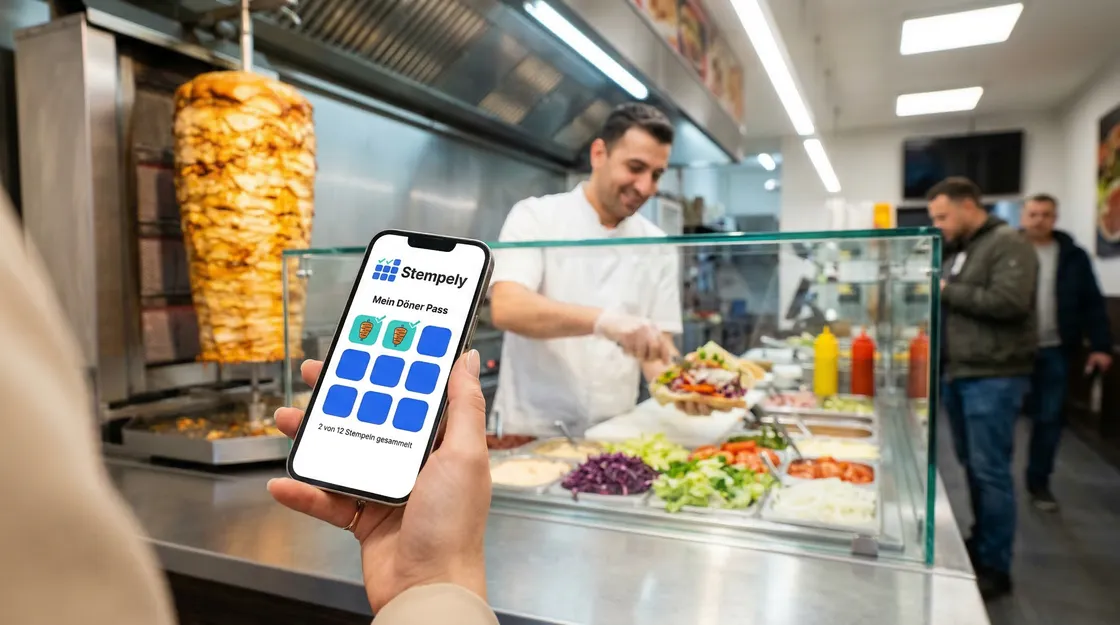 Dönermeister mit Stempely-App am Drehspieß-Tresen, digitale Stempelkarte für Dönerladen