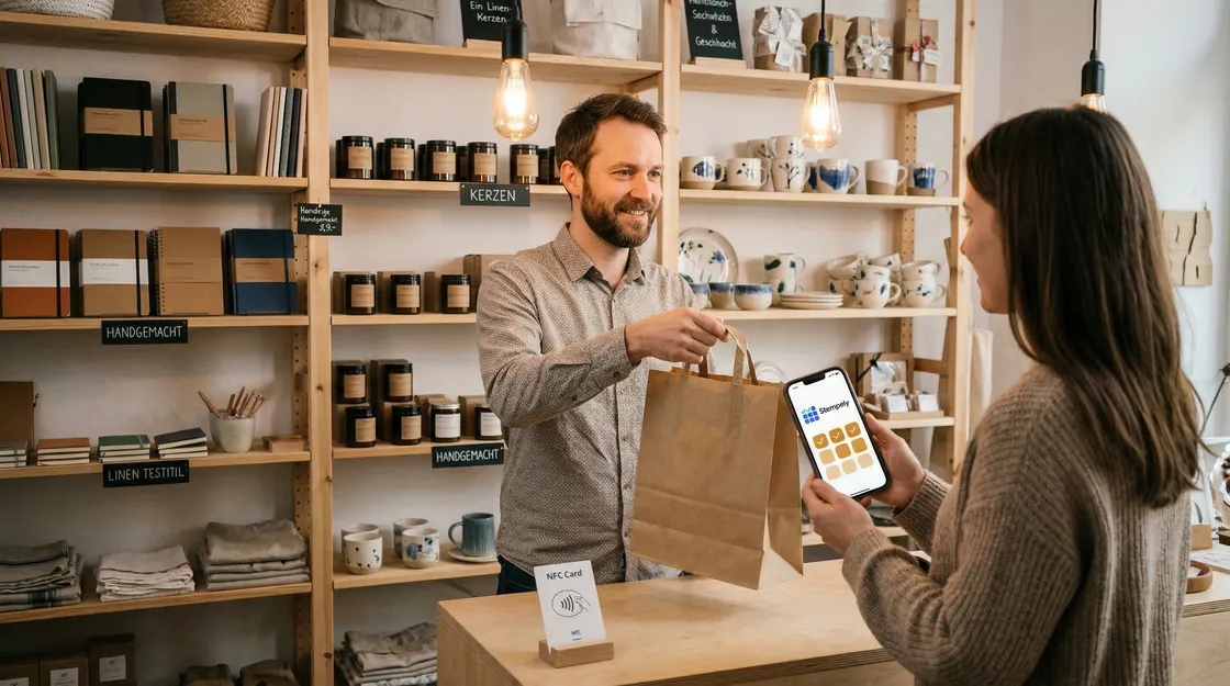Verkäuferin mit Stempely-App an der Kasse, digitale Stempelkarte für Einzelhandel und Boutique