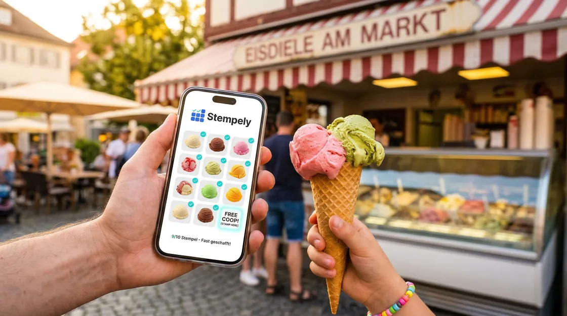 Eisverkäufer mit Stempely-App an der Eistheke, digitale Stempelkarte für Eisdiele und Gelateria