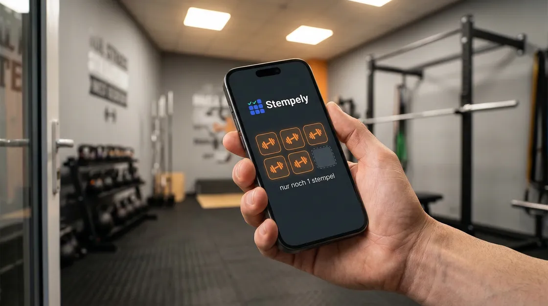 Trainerin mit Stempely-App an der Studiorezeption, digitale Stempelkarte für Fitnessstudio