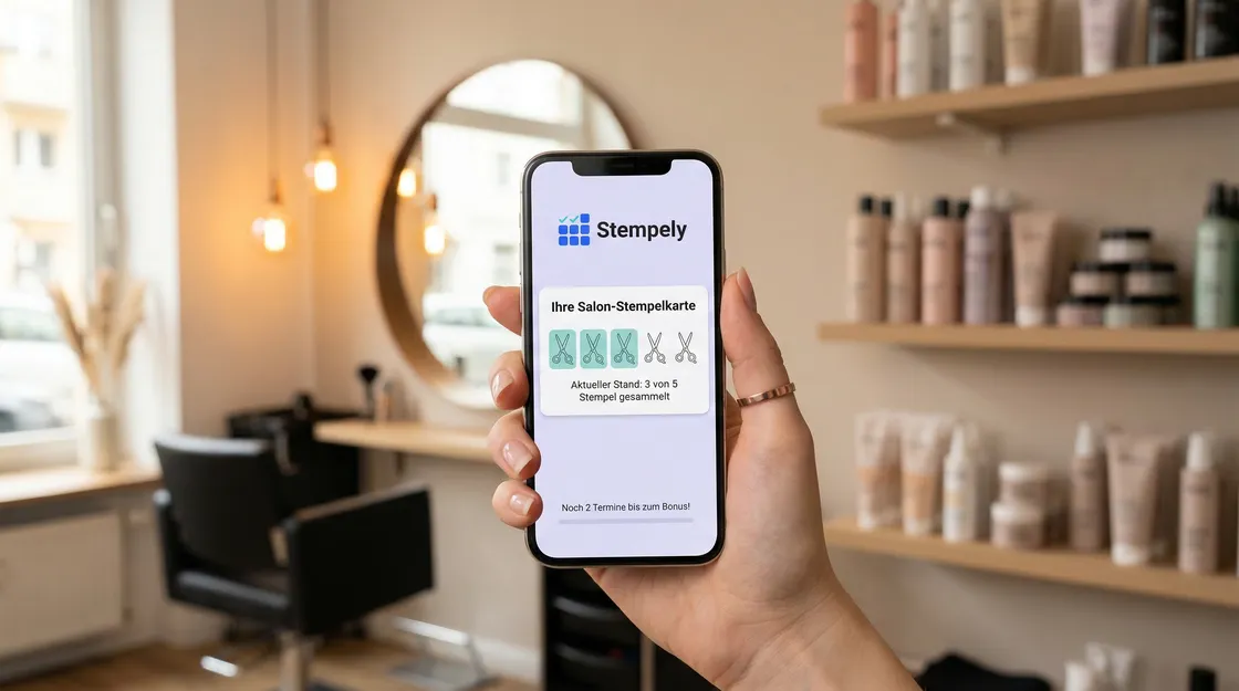 Friseur mit Stempely-App am Friseurtresen, digitale Stempelkarte für Friseursalon und Barbershop