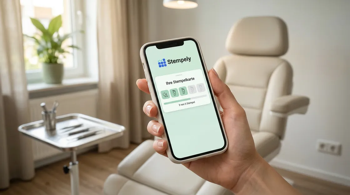 Fußpflegerin mit Stempely-App im Behandlungsraum, digitale Stempelkarte für Fußpflege und Podologie