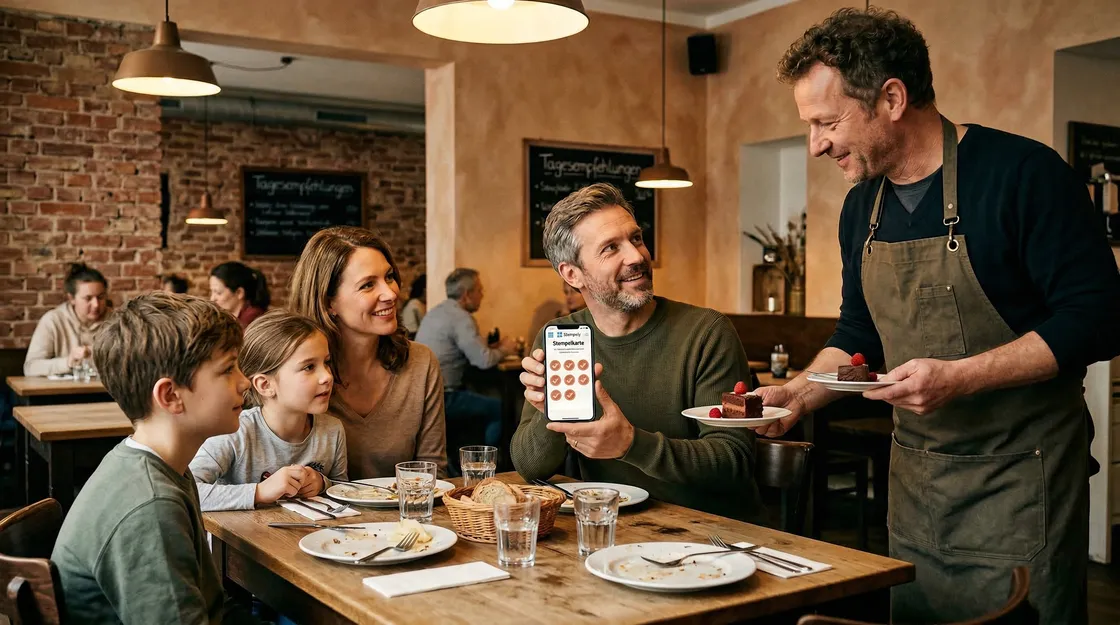 Kellnerin mit Stempely-App am Restauranttisch, digitale Stempelkarte für Gastronomie und Restaurant