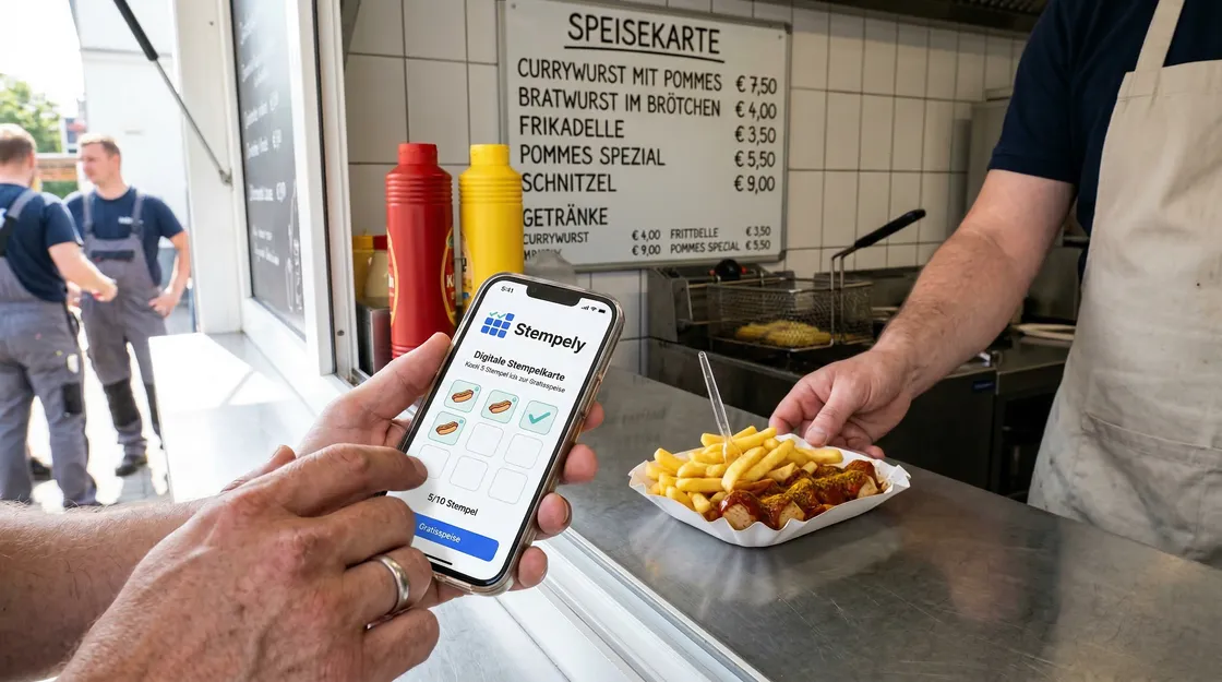 Imbissbesitzer mit Stempely-App an der Theke, digitale Stempelkarte für Imbiss und Snackbar