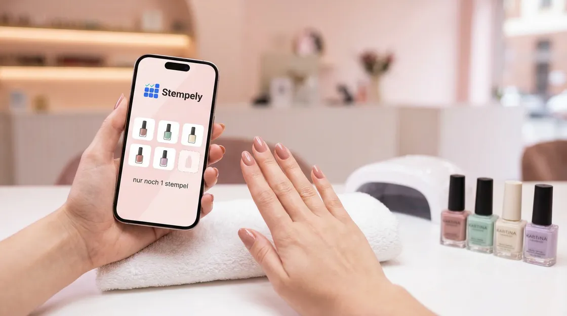 Nageldesignerin mit Stempely-App am Nageltisch, digitale Stempelkarte für Nagelstudio