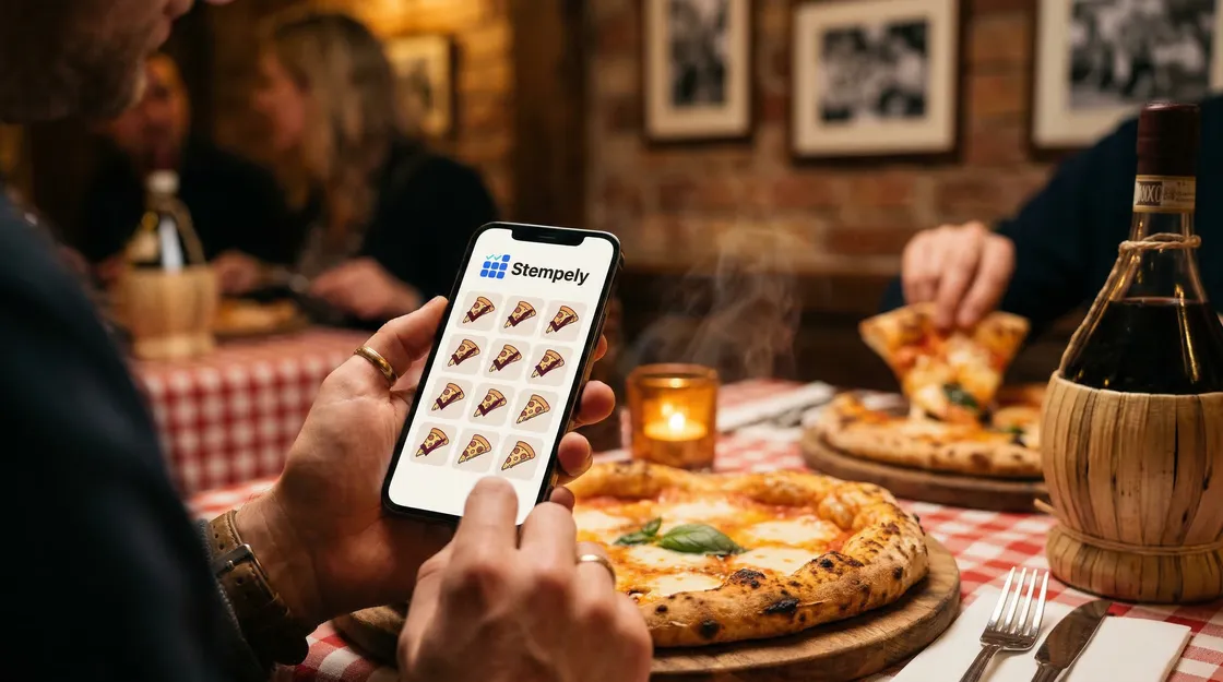 Pizzabäcker mit Stempely-App am Pizzaofen, digitale Stempelkarte für Pizzeria