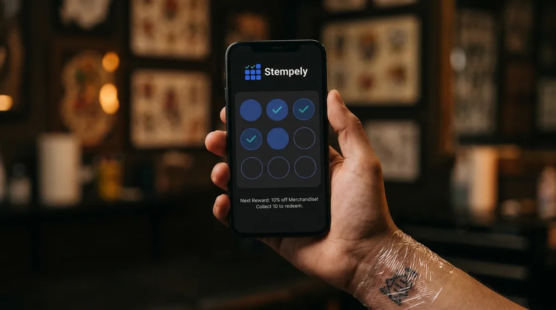 Tätowierer mit Stempely-App am NFC-Tresen, digitale Stempelkarte für Tattoostudio und Piercingstudio