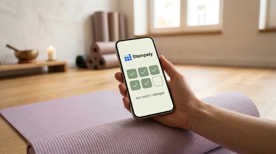 Yogalehrerin mit Stempely-App im Studioraum, digitale Stempelkarte für Yogastudio und Pilatesstudio