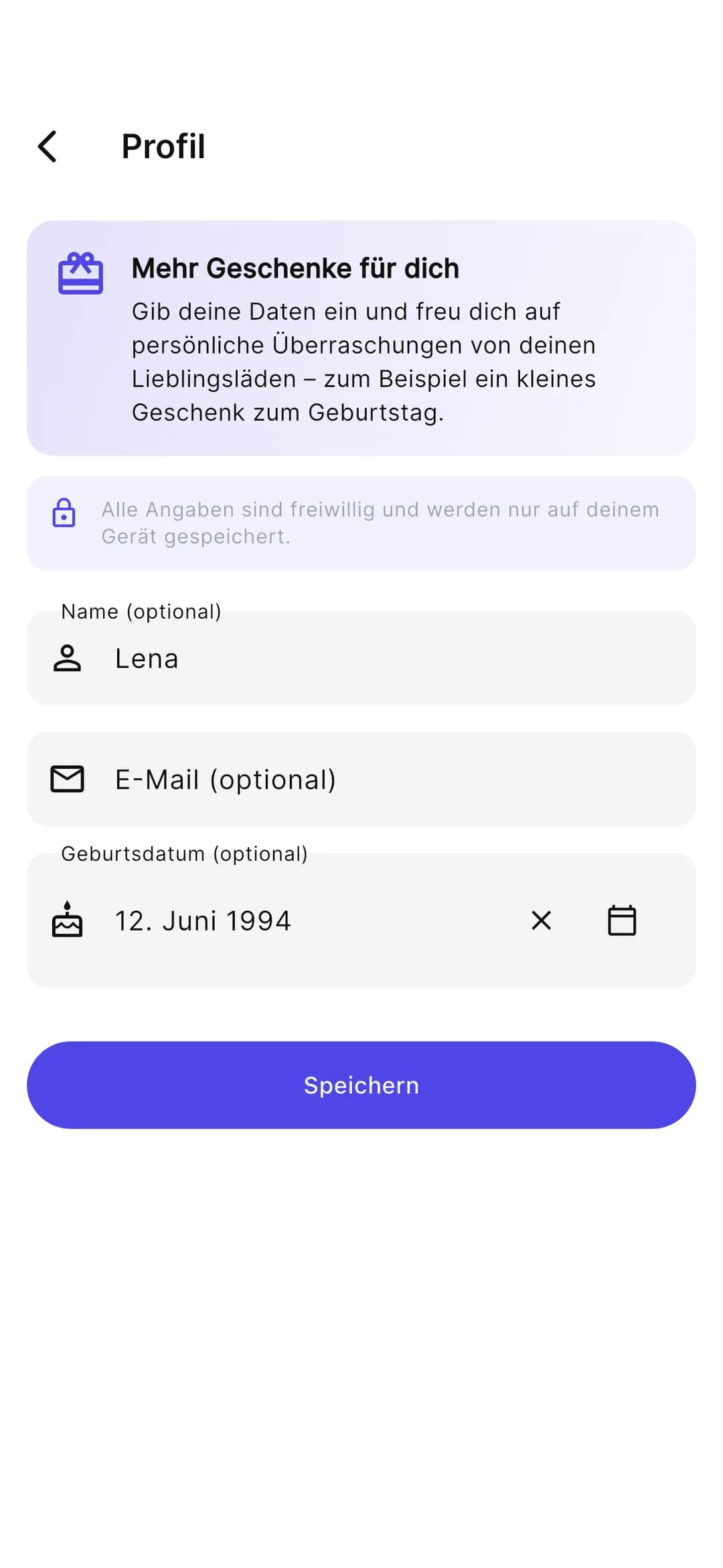 Stempely-App: Profil mit Name und Geburtstag