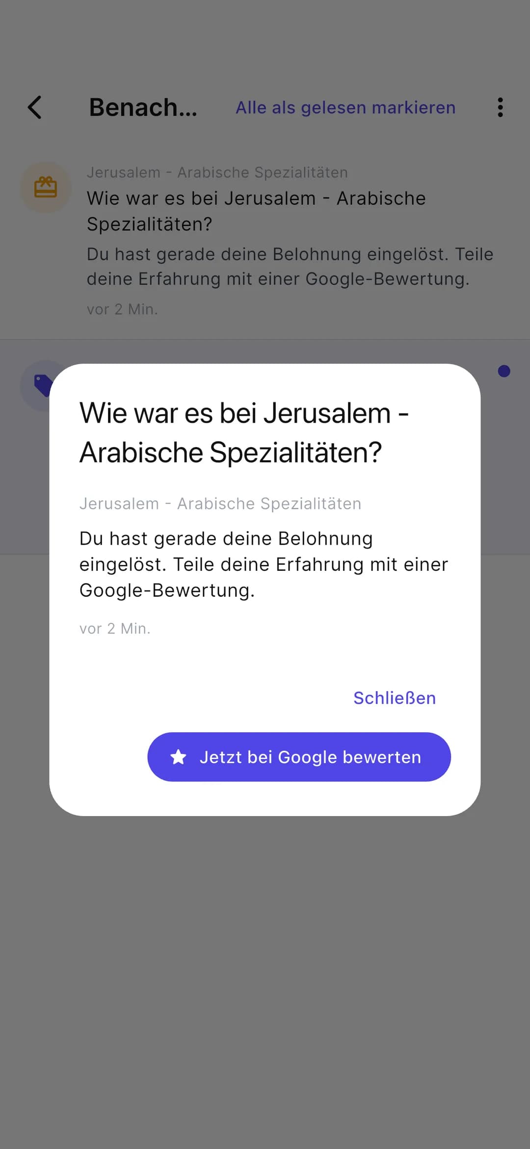 Stempely-App: Bitte um eine Google-Bewertung nach dem Einlösen
